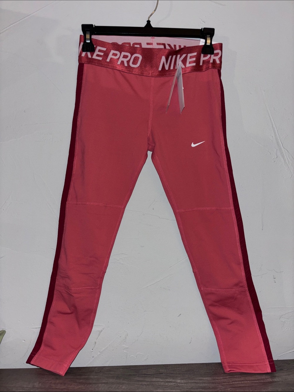 Nike Girls' Coral Pink Training Leggings with Maroon Side Panels